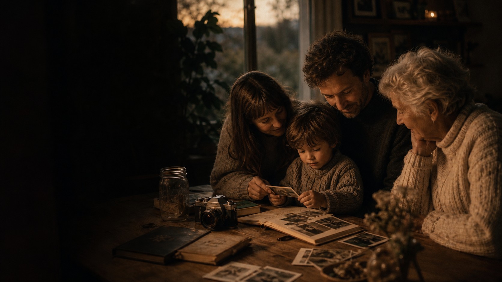 Famille réunie autour de photographies et de souvenirs