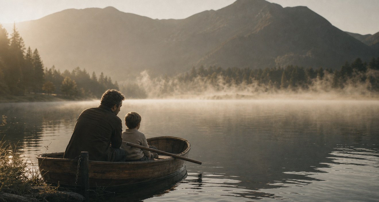 Parent et enfant sur un lac au matin