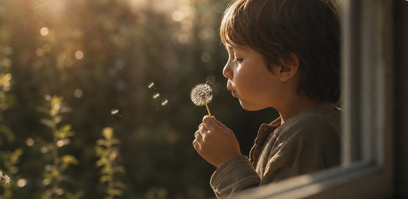 Enfant soufflant sur un pissenlit dans la lumière