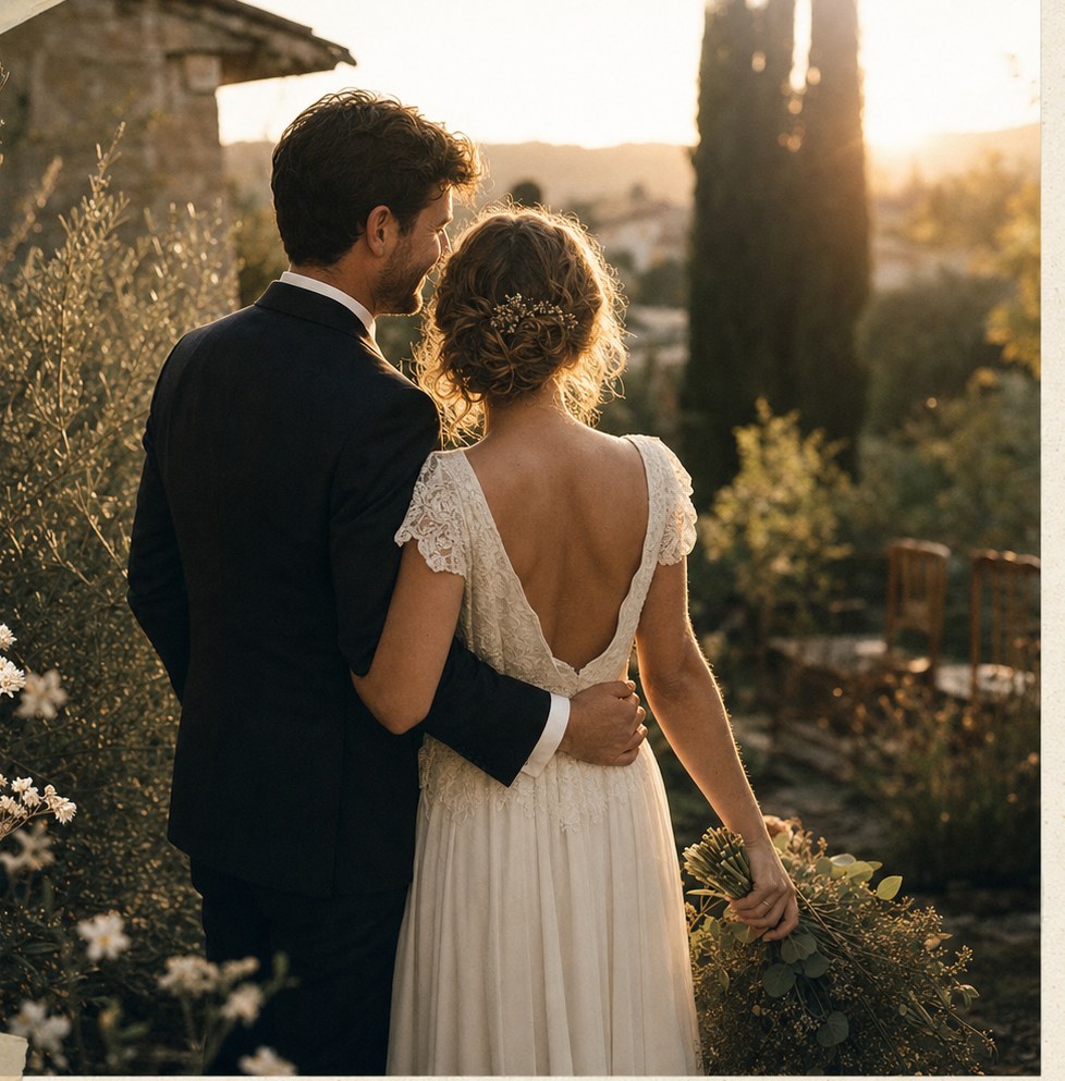 Couple de mariés dans une lumière de fin de journée