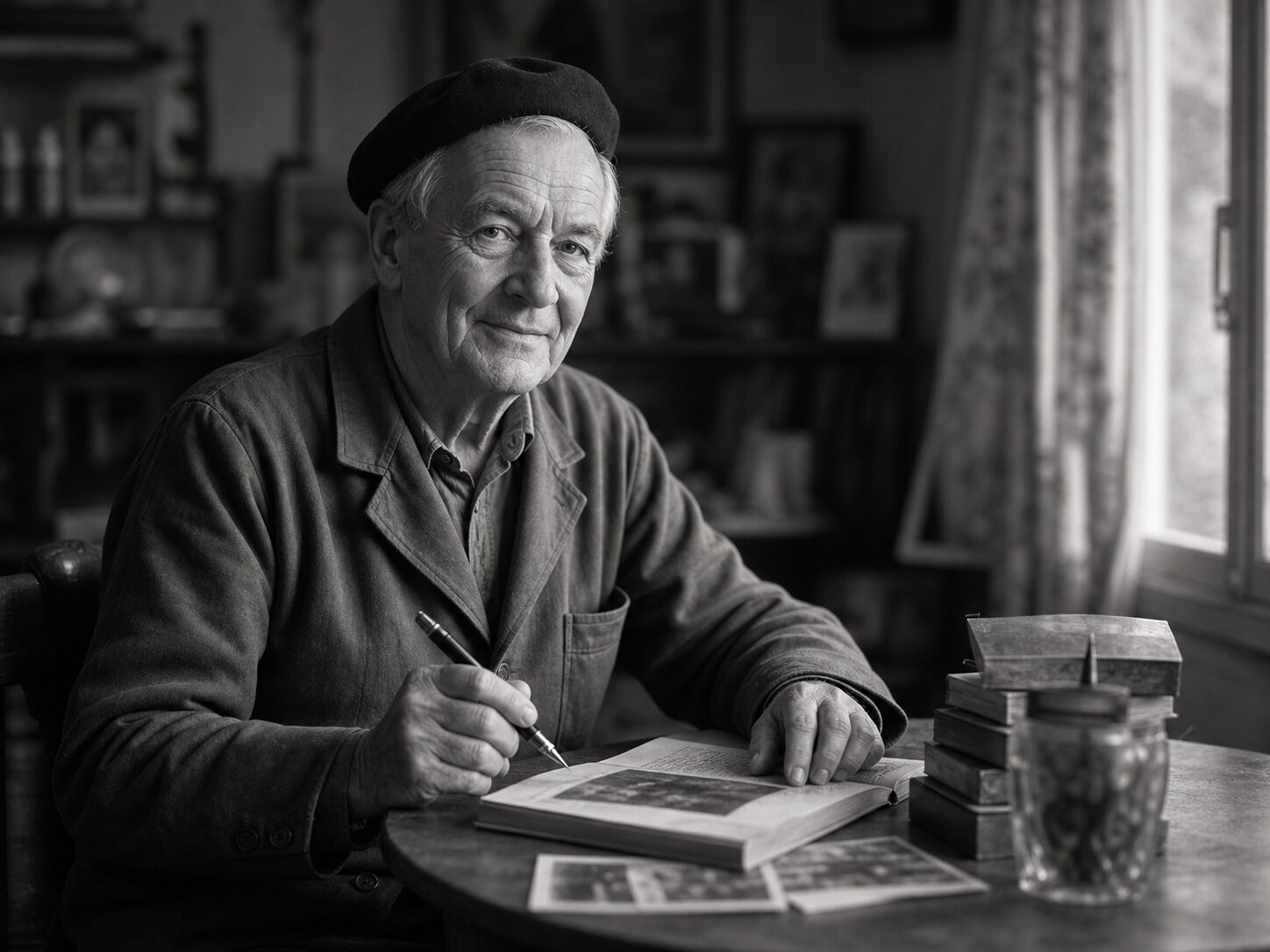 Portrait en noir et blanc d'un homme âgé tenant un stylo