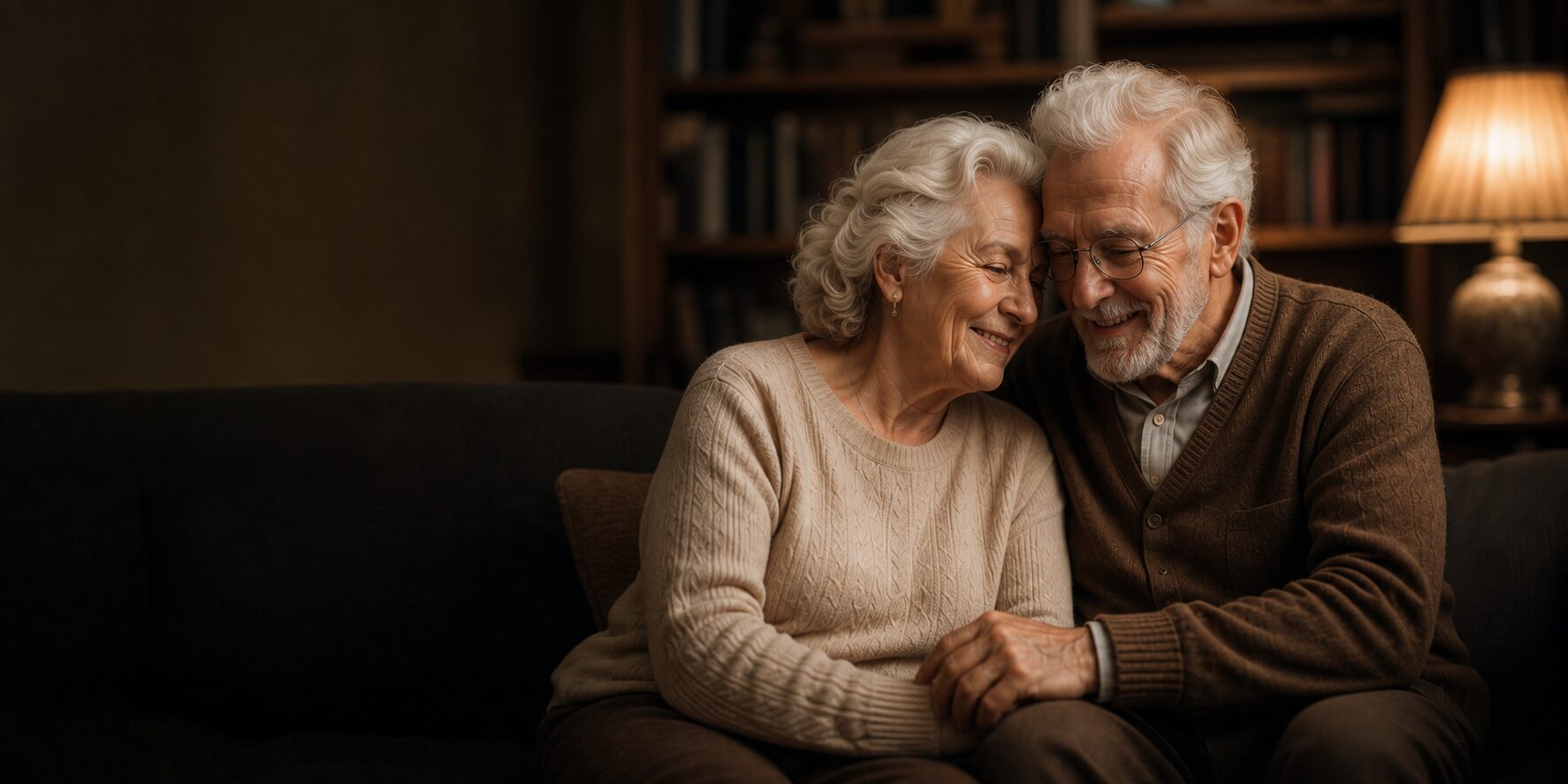 Couple âgé assis ensemble dans une lumière douce