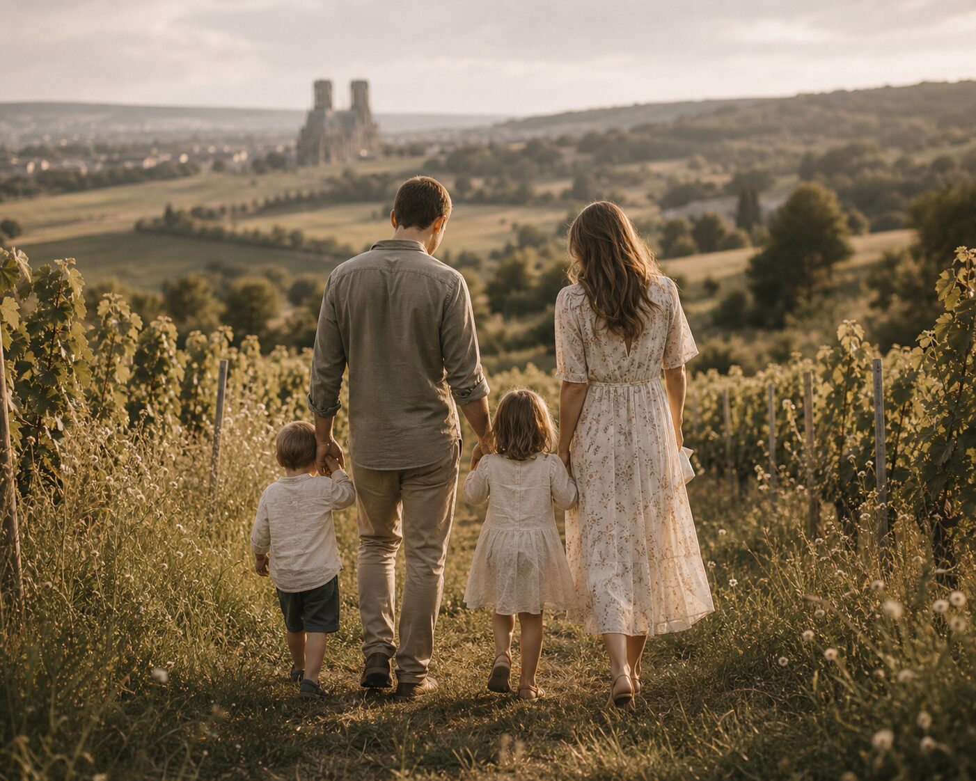 Famille marchant dans les vignes de Champagne