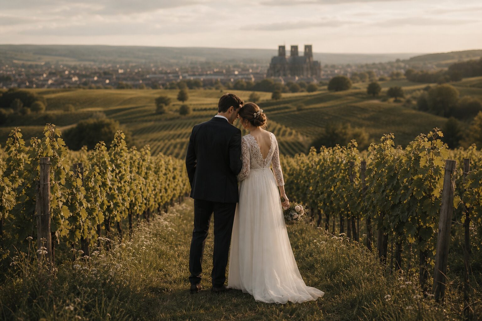 Couple de mariés dans un vignoble près de Reims