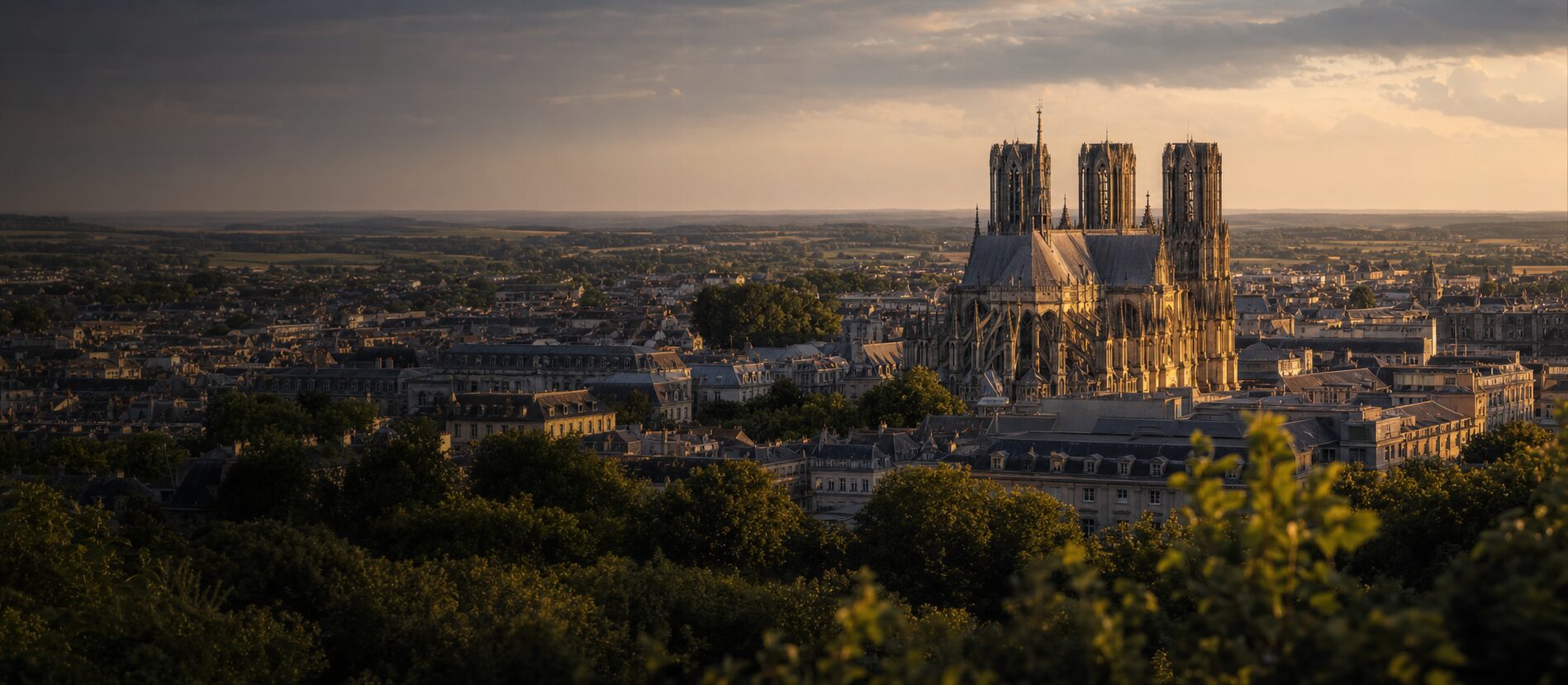 Vue panoramique de Reims et de la cathédrale Notre-Dame au soleil couchant