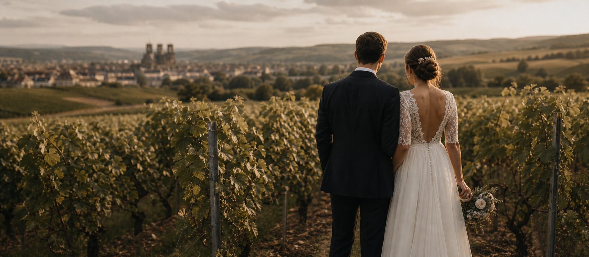 Mariés dans les vignes de Champagne près de Reims