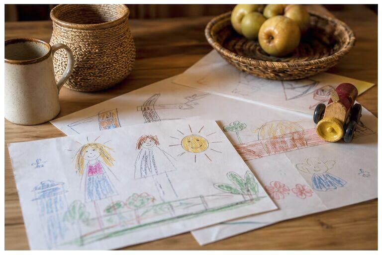Dessin d'enfant et petits objets du quotidien sur une table
