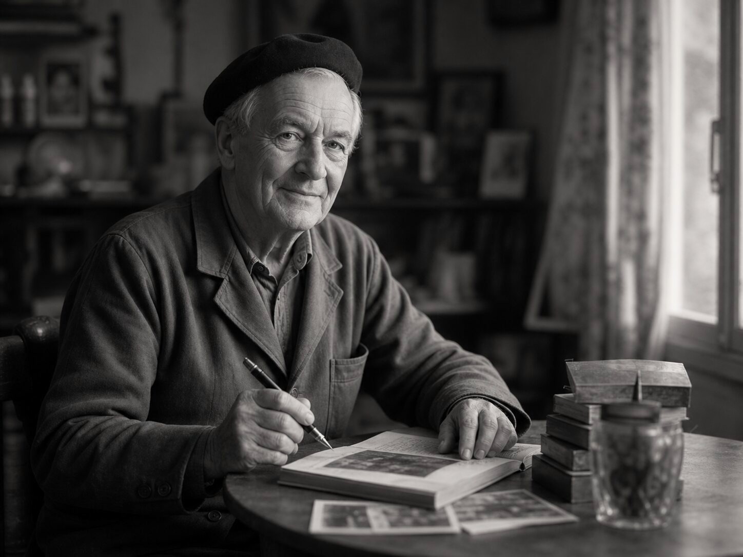 Portrait en noir et blanc d'un homme âgé écrivant près d'une fenêtre